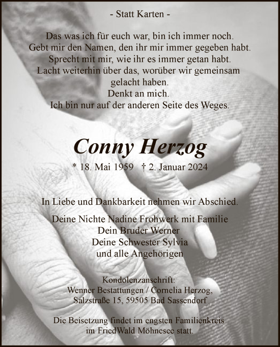 Todesanzeige von Conny Herzog von WA