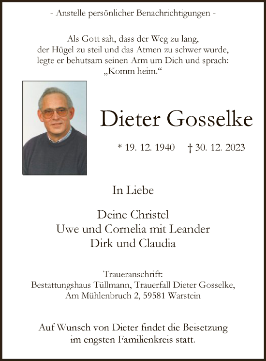 Todesanzeige von Dieter Gosselke von WA