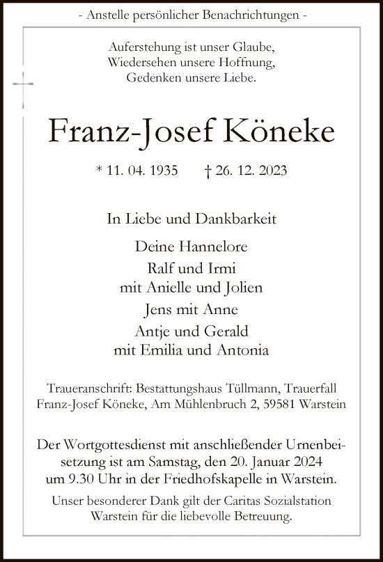 Todesanzeige von Franz-Josef Köneke von WA