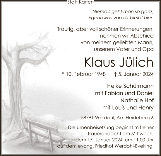 Todesanzeige von Klaus Jülich von WA