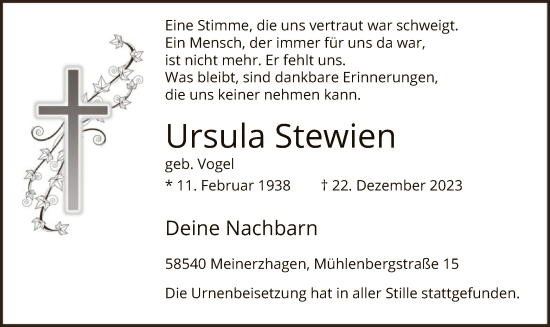 Todesanzeige von Ursula Stewien von WA