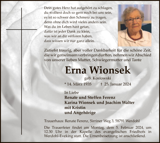 Todesanzeige von Erna Wionsek von WA