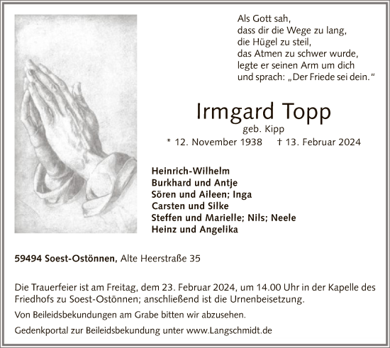 Todesanzeige von Irmgard Topp von WA
