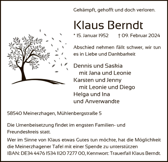 Todesanzeige von Klaus Berndt von WA