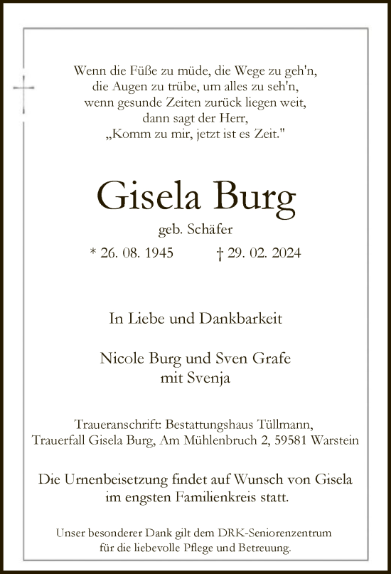 Todesanzeige von Gisela Burg von WA