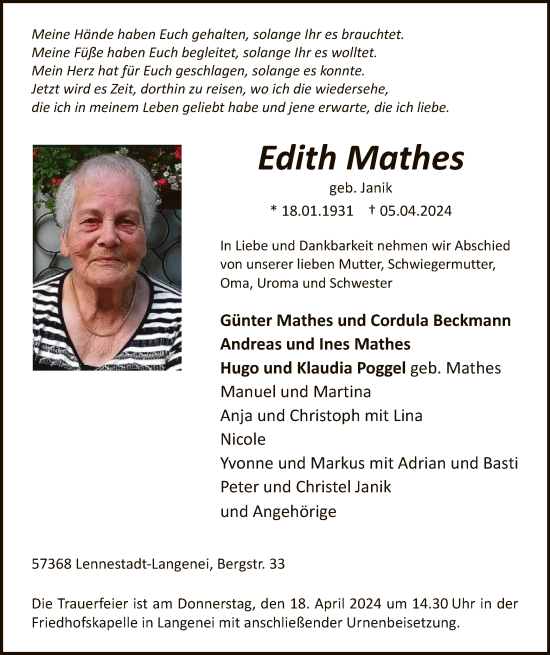Todesanzeige von Edith Mathes von WA
