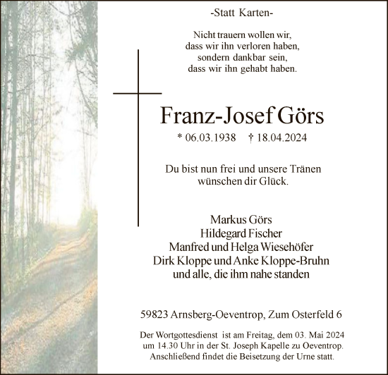 Todesanzeige von Franz-Josef Görs von WA