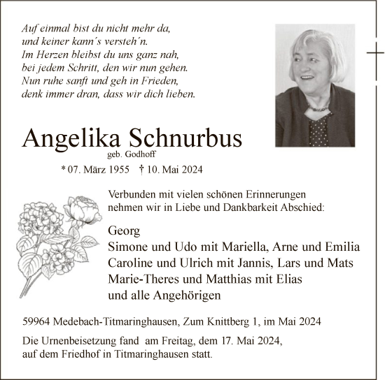 Todesanzeige von Angelika Schnurbus von WA