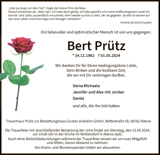 Todesanzeige von Bert Prütz von WA