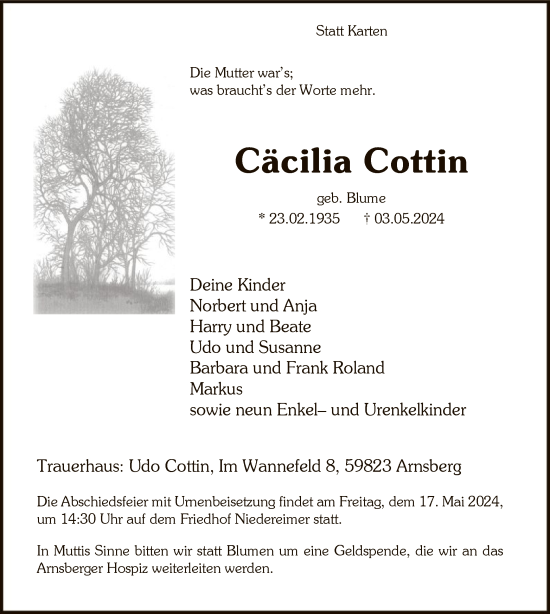 Todesanzeige von Cäcilia Cottin von WA