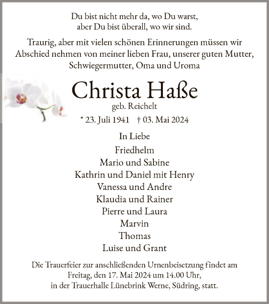 Todesanzeige von Christa Haße von WA
