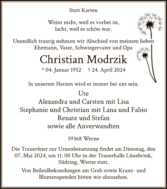 Todesanzeige von Christian Modrzik von WA