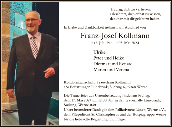 Todesanzeige von Franz-Josef Kollmann von WAWA
