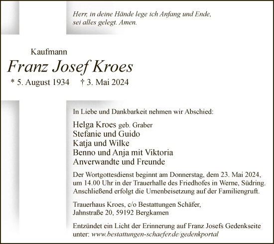 Todesanzeige von Franz Josef Kroes von WA