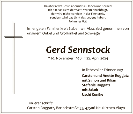 Todesanzeige von Gerd Sennstock von WA