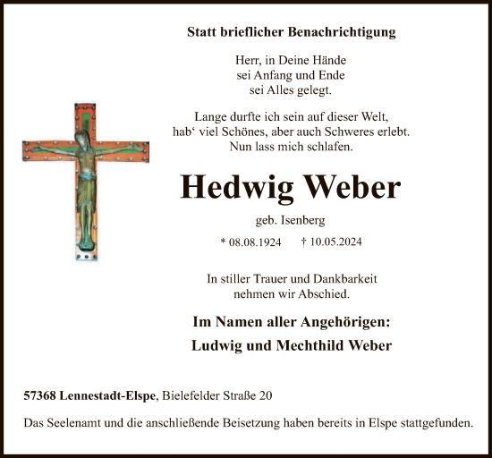 Todesanzeige von Hedwig Weber von WA