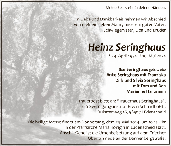 Todesanzeige von Heinz Seringhaus von WA