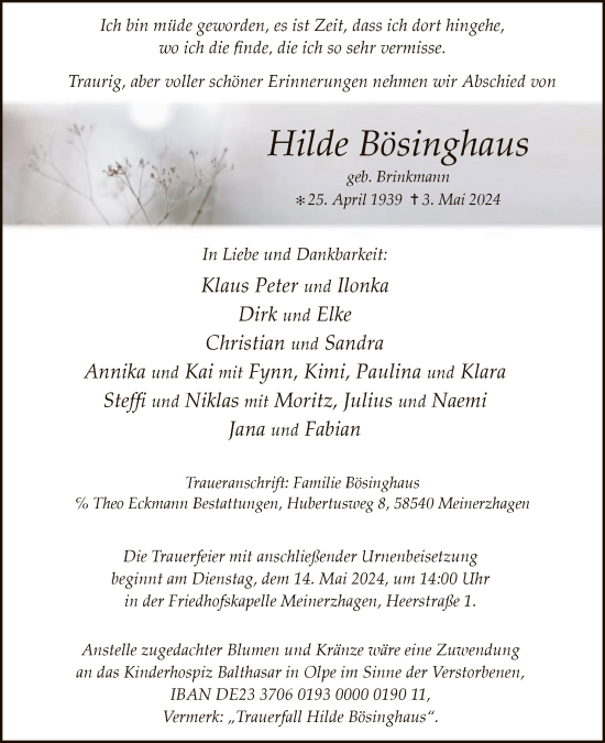 Todesanzeige von Hilde Bösinghaus von WA
