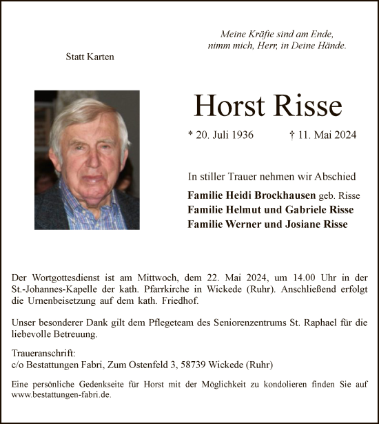 Todesanzeige von Horst Risse von WA
