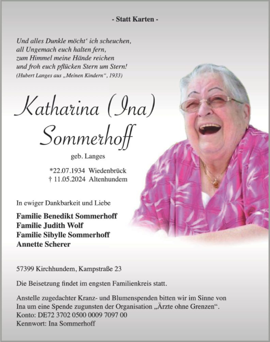 Todesanzeige von Katharina Sommerhoff von WA