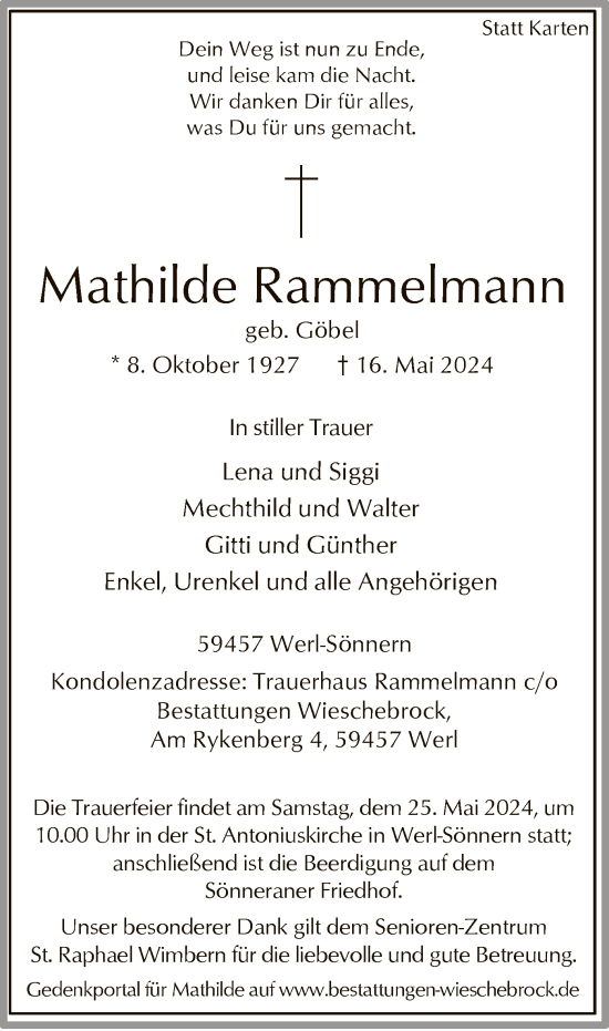 Todesanzeige von Mathilde Rammelmann von WA