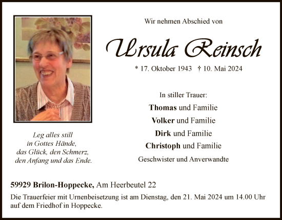 Todesanzeige von Ursula Reinsch von WA