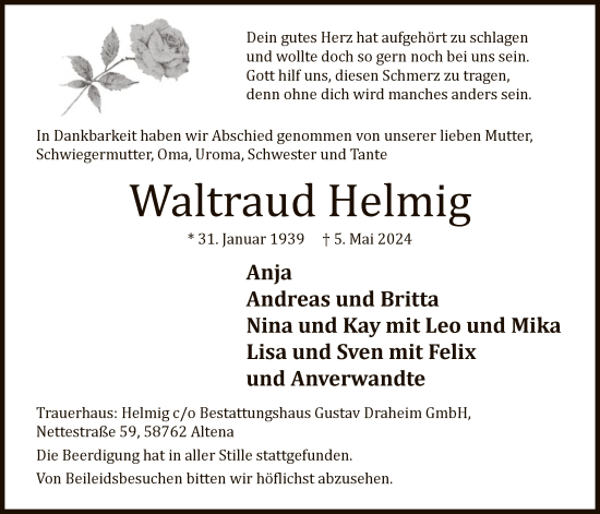 Todesanzeige von Waltraud Helmig von WA