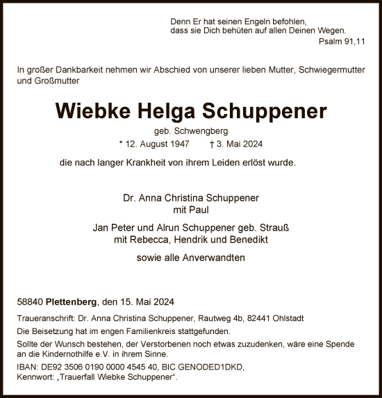 Todesanzeige von Wiebke Helga Schuppener von WA