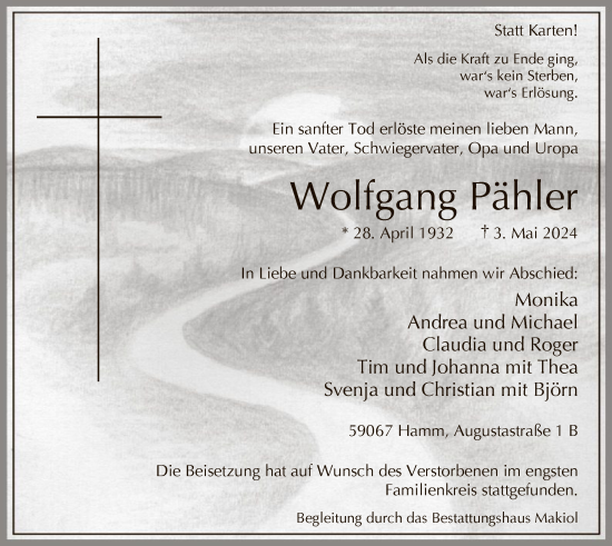 Todesanzeige von Wolfgang Pähler von WA