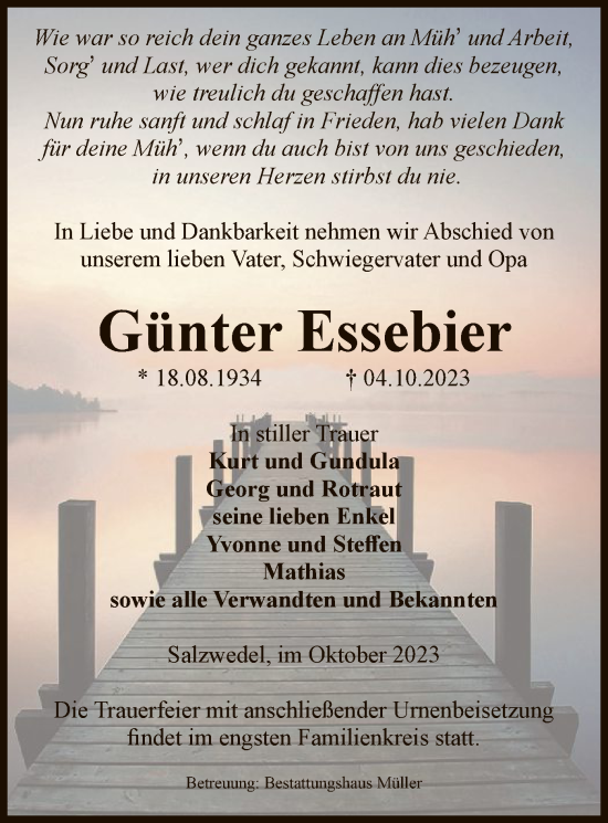 Todesanzeige von Günter Essebier von UEL