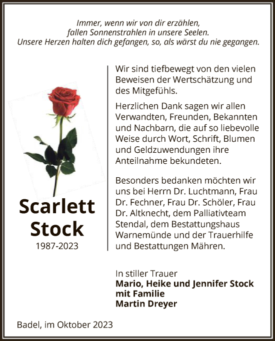 Todesanzeige von Scarlett Stock von UEL