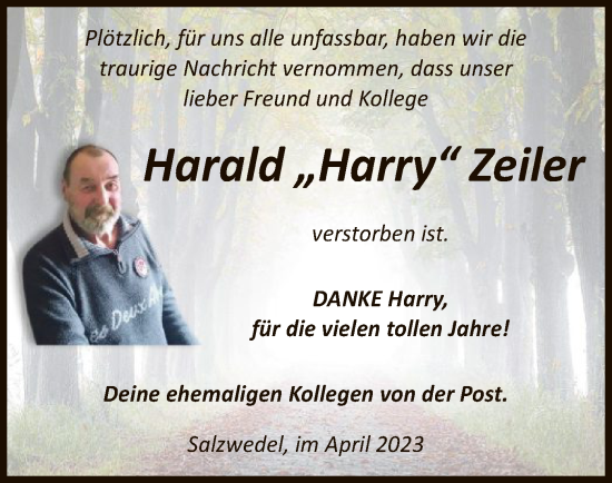 Todesanzeige von Harald Zeiler von UEL