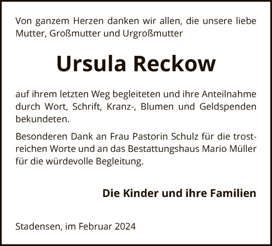 Todesanzeige von Ursula Reckow von UEL