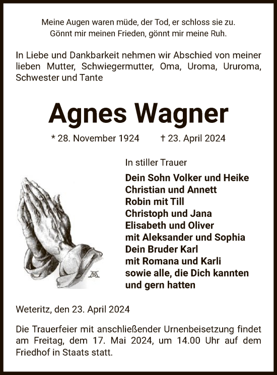 Todesanzeige von Agnes Wagner von UEL