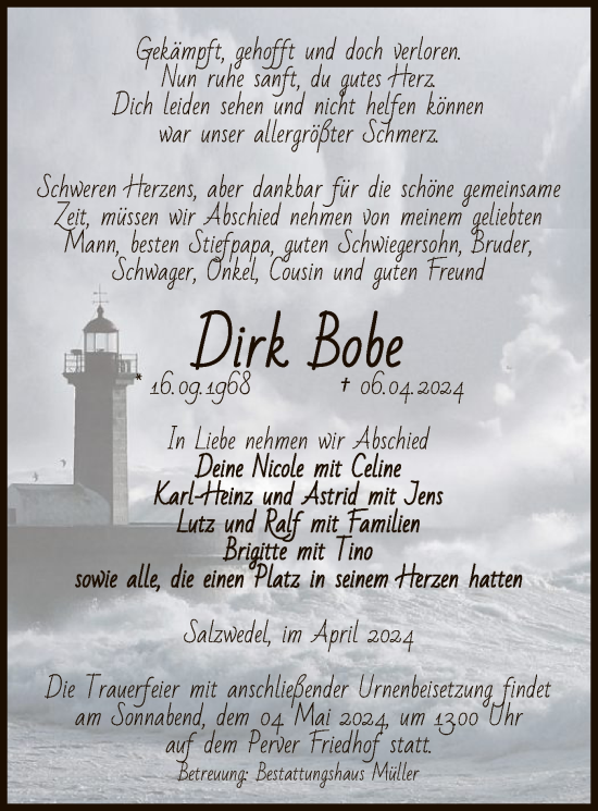 Todesanzeige von Dirk Bobe von UEL
