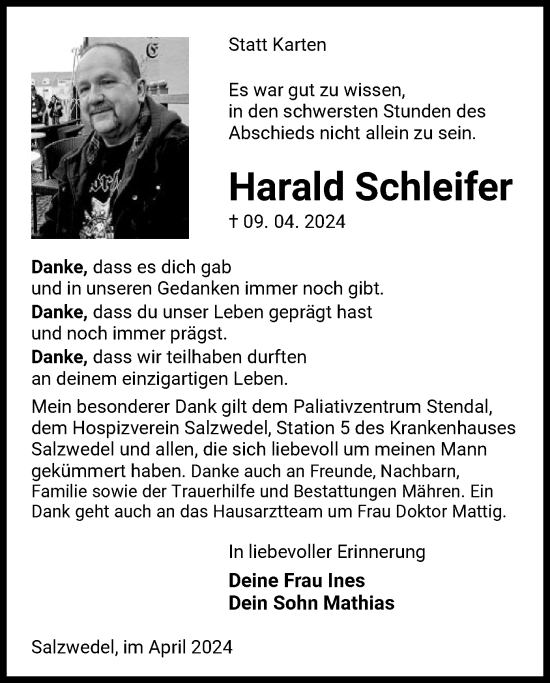 Todesanzeige von Harald Schleifer von UEL
