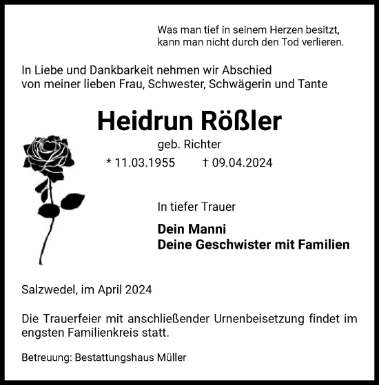 Todesanzeige von Heidrun Rößler von UEL