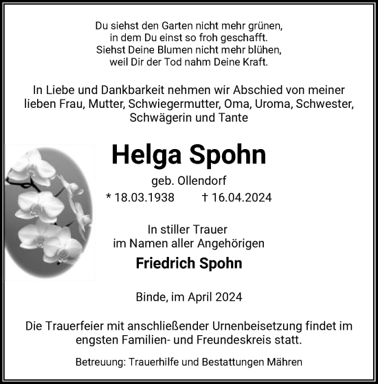 Todesanzeige von Helga Spohn von UEL