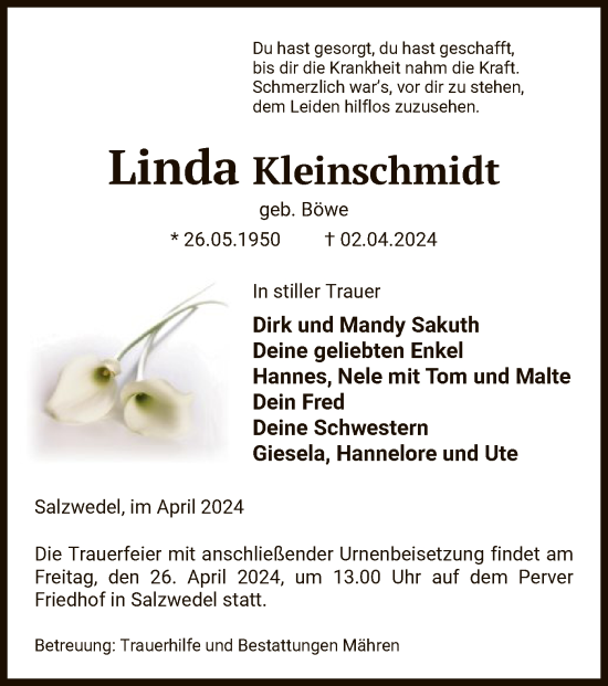 Todesanzeige von Linda Kleinschmidt von UEL