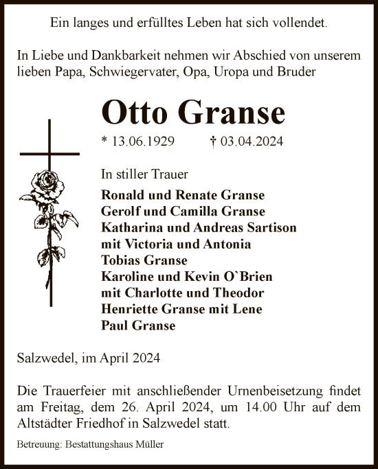 Todesanzeige von Otto Granse von UEL