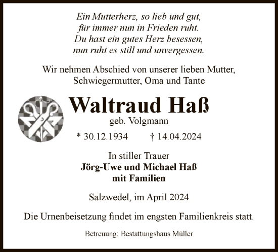Todesanzeige von Waltraud Haß von UEL