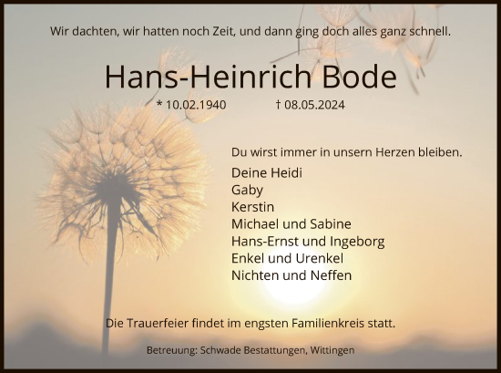Todesanzeige von Hans-Heinrich Bode von UEL