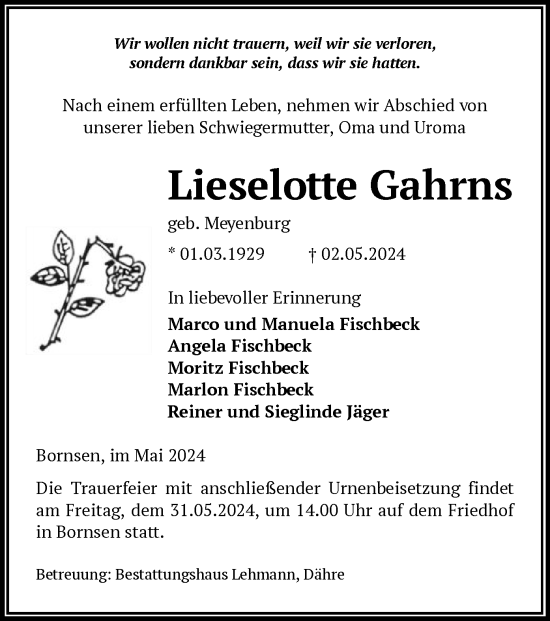 Todesanzeige von Lieselotte Gahrns von UEL