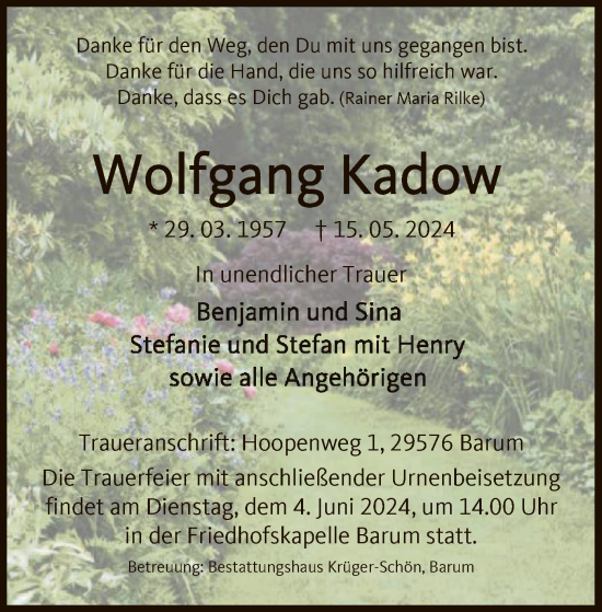 Todesanzeige von Wolfgang Kadow von UEL