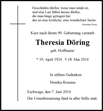 Todesanzeige von Theresia Döring von Eschwege
