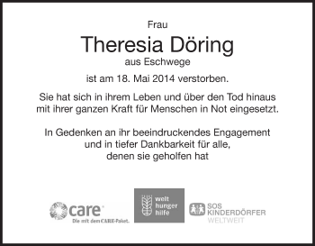 Todesanzeige von Theresia Döring von Eschwege