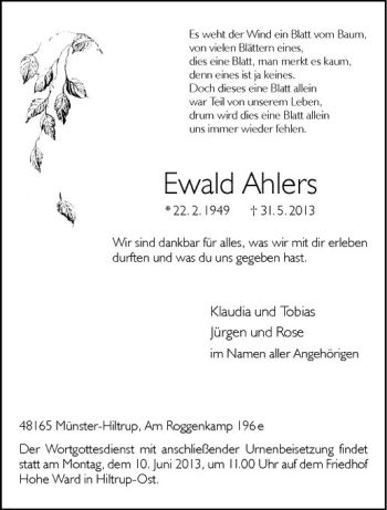 Todesanzeige von Ewald Ahlers von Westfälische Nachrichten