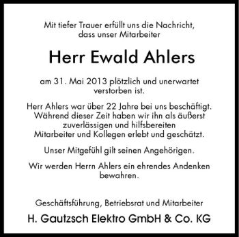 Todesanzeige von Ewald Ahlers von Westfälische Nachrichten
