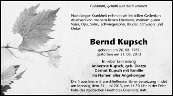 Todesanzeige von Bernd Kupsch von Chemnitz