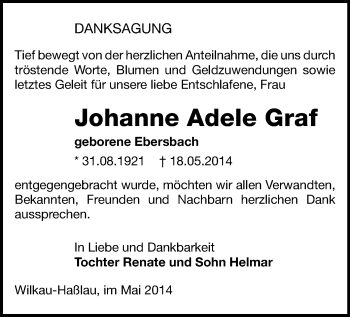 Todesanzeige von Johanne Adele Graf von Zwickau